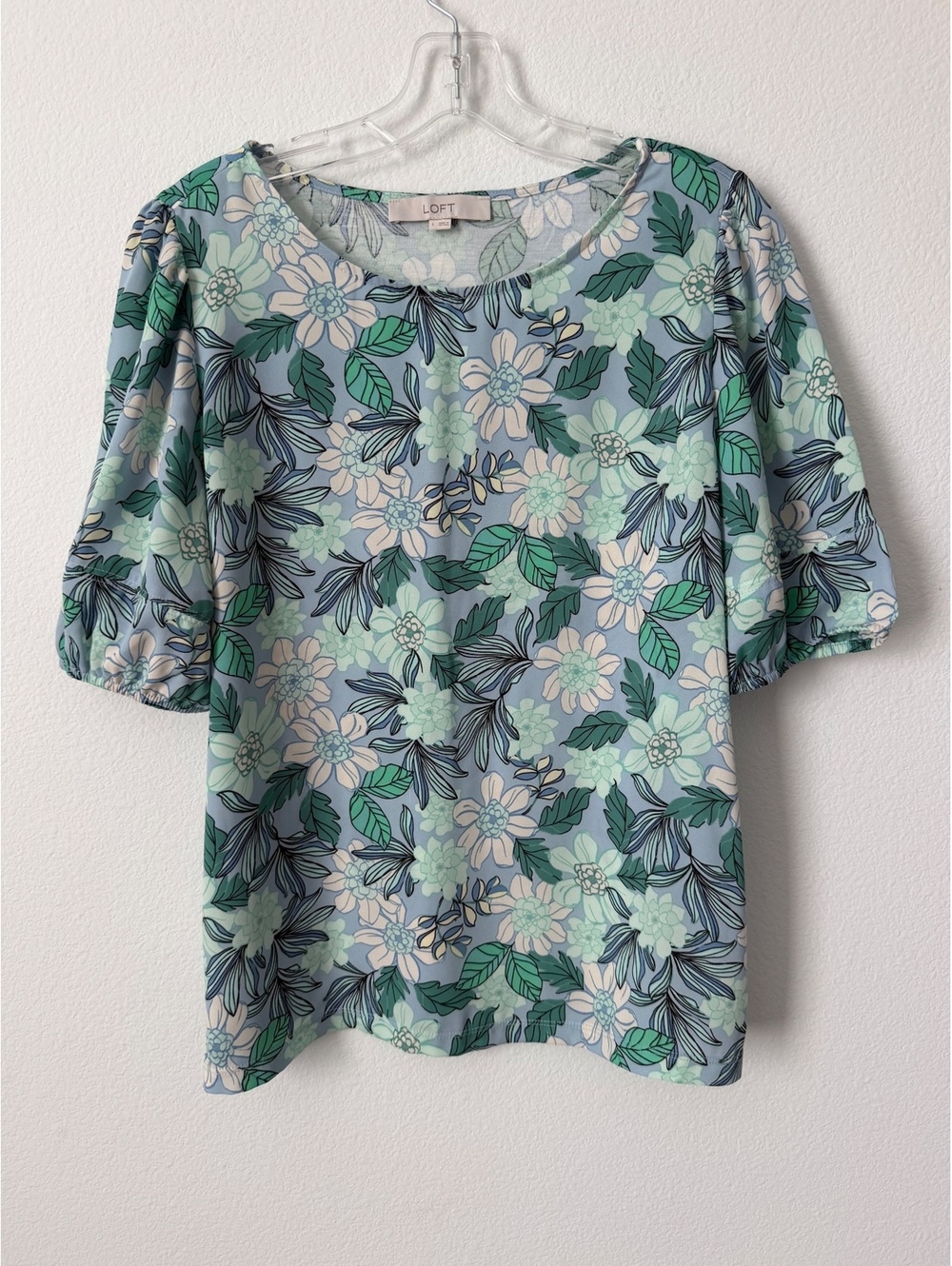 LOFT Puff Short Sleeve Round Neck Floral Mix-Fabric Blouse Women's Size L